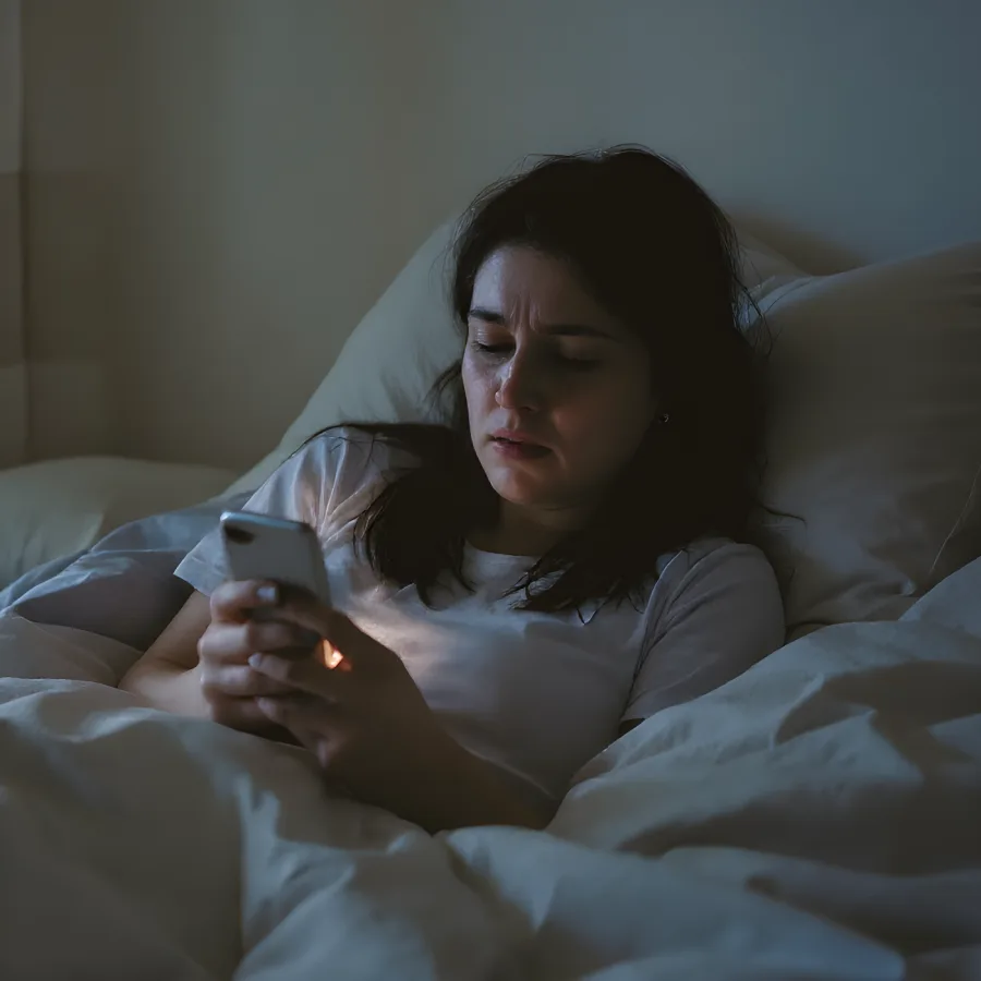 A teacher in bed with the flu, texting in sick on her phone