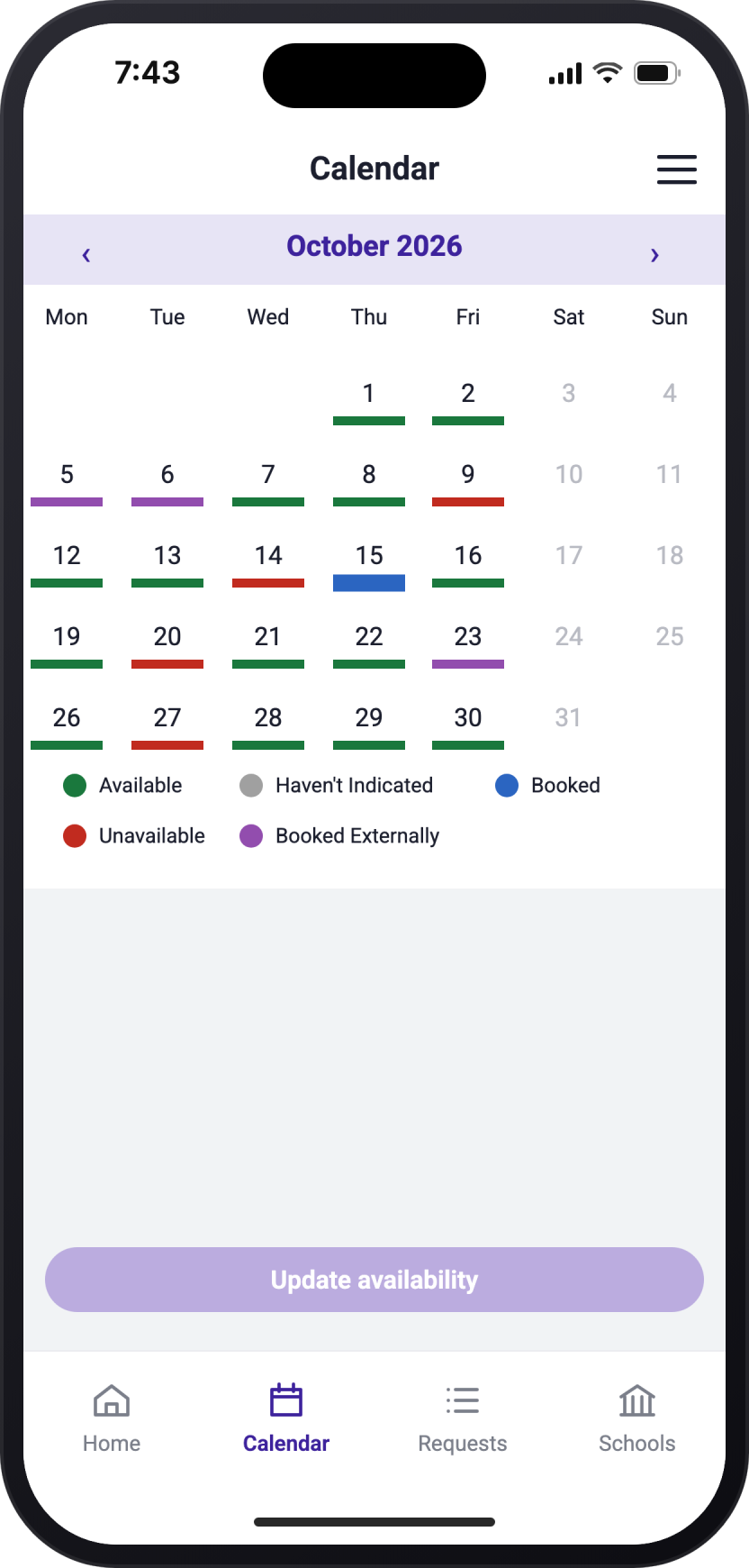 The ClassCover app calendar, showing a substitute teacher's availability for October