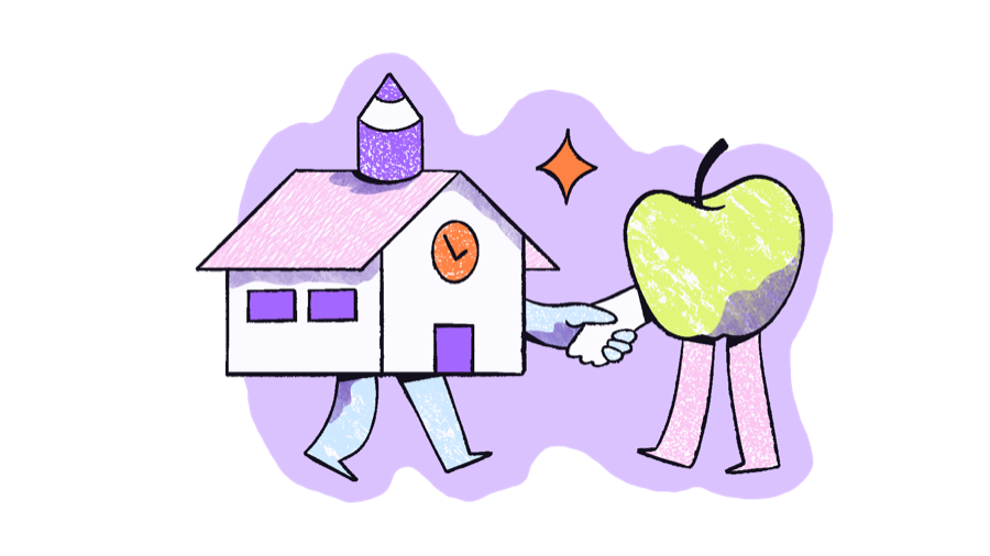 ClassCover illustration of a school and a teacher shaking hands