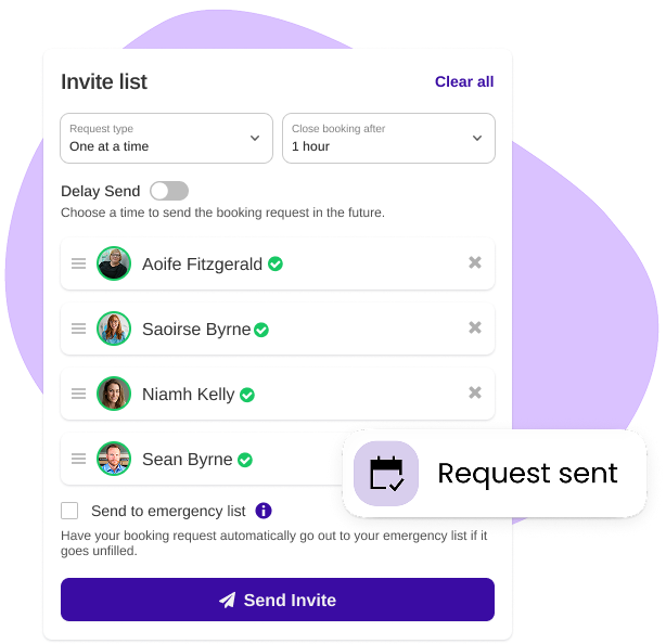 ClassCover Ireland — sending a booking request to a shortlist of Irish substitute teachers, with a request sent confirmation