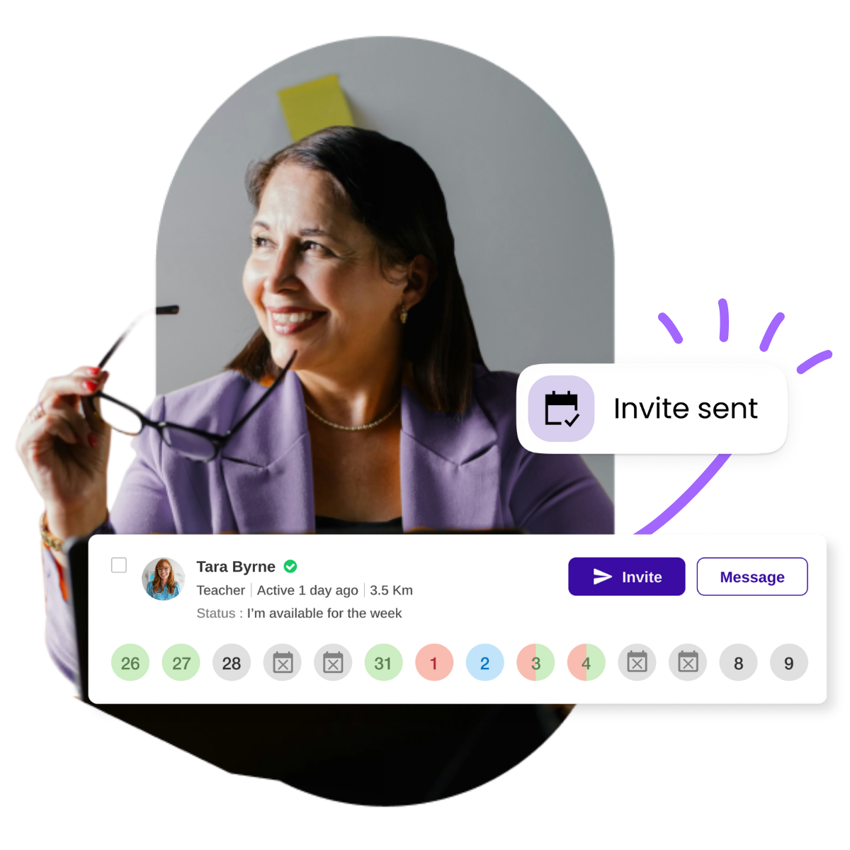ClassCover Ireland — sending an invite to an Irish substitute teacher from the school side, with an 'Invite sent' confirmation.